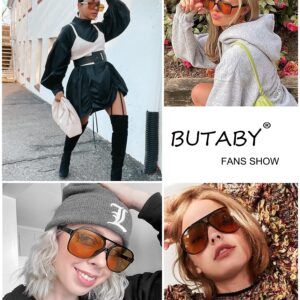 BUTABY Vintage Aviator Sunglasses for Women Men Retro 70s Glasses Classic Large Squared Frame UV400 Protection Black Yellow & Black Brown