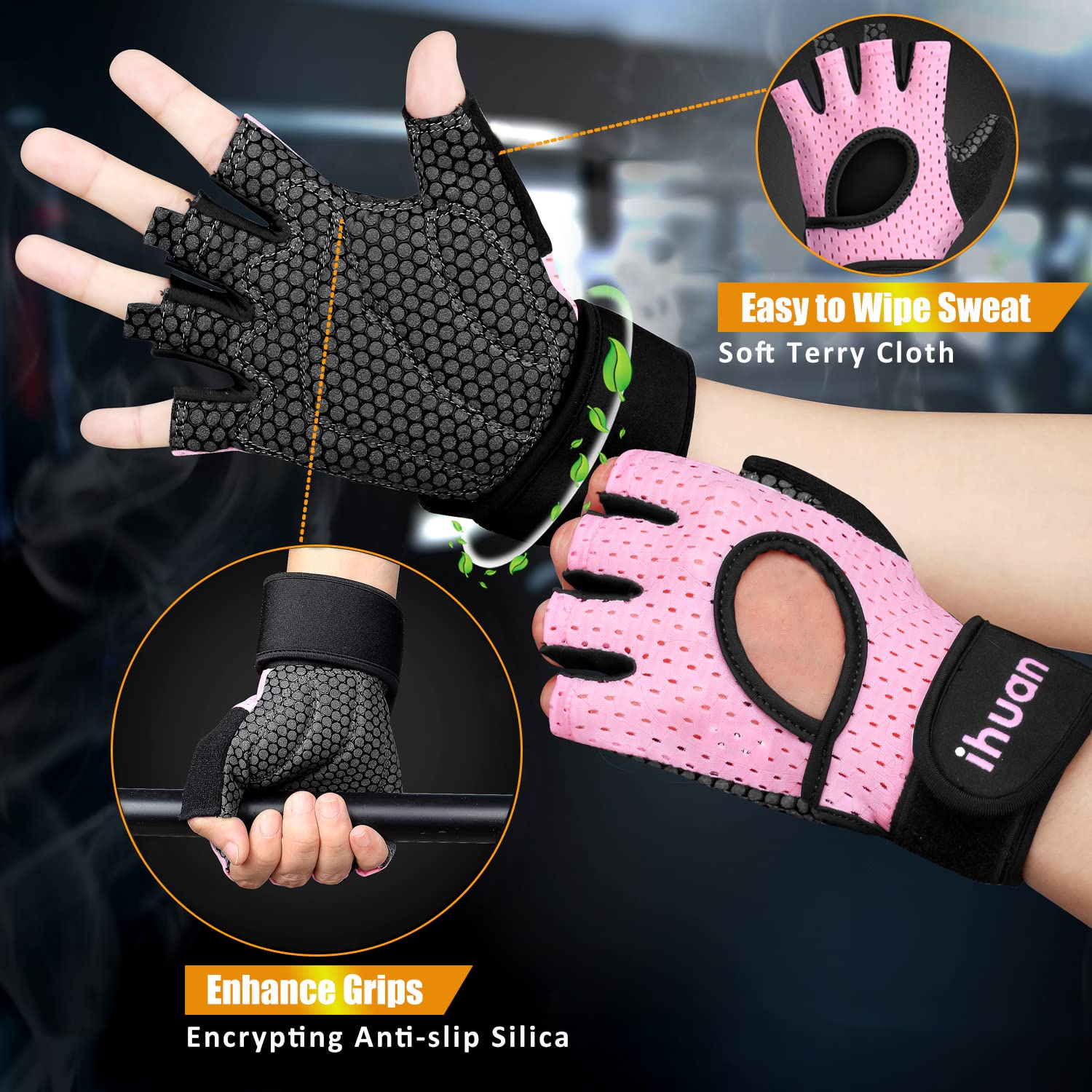 ihuan Breathable Weight Lifting Gloves: Fingerless Workout Gym Gloves Wrist Support Palm Protection Extra Grip for Fitness Rowing Pull-ups