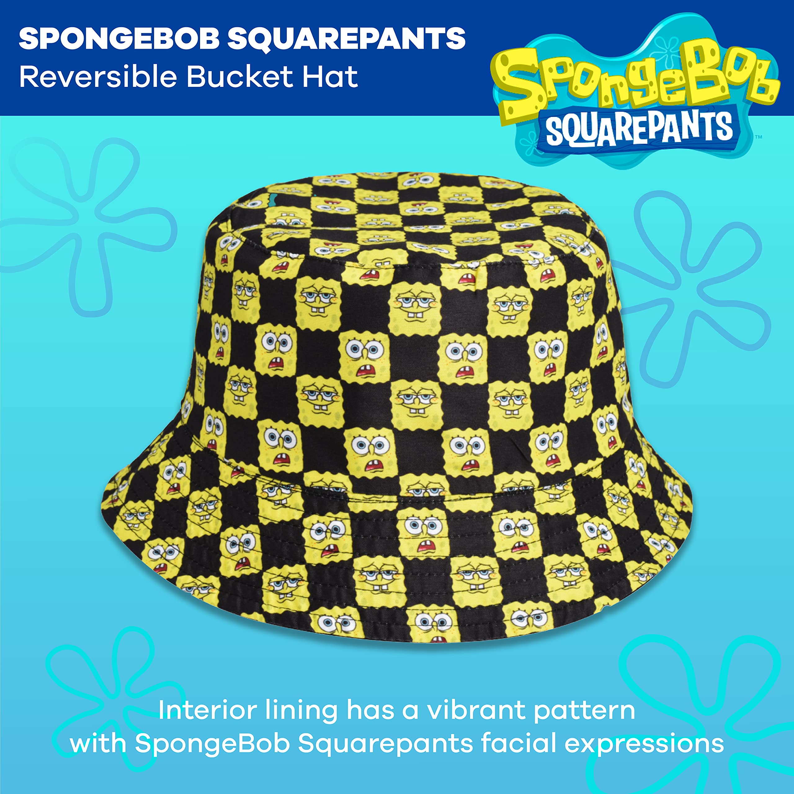 Spongebob Squarepants Bucket Hat, Packable Travel Hat, Reversible Wide Brim Summer Cap, Black and Yellow, One Size