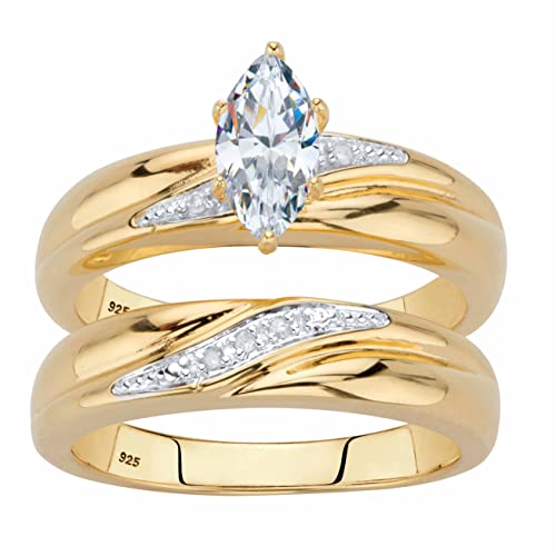 PalmBeach Jewelry 18k Gold-Plated or Platinum-Plated Sterling Silver Cubic Zirconia and Genuine Diamond Accent Diagonal Bridal Ring Set Size 6