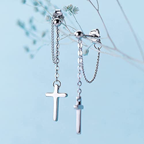 Cross Earrings Dangle Drop Chain Earring for Women Punk Goth Ball Dangling Chain Stud Earrings Silver