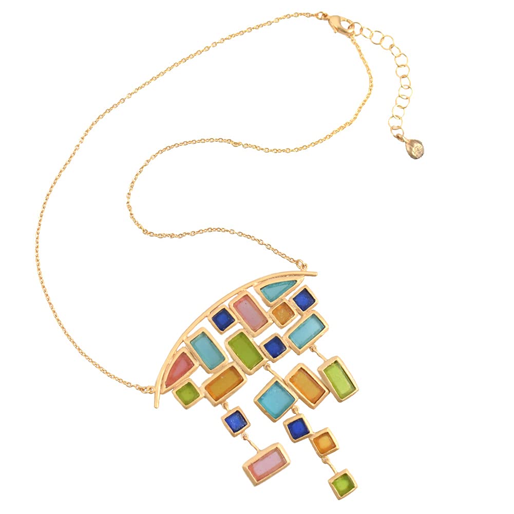 Michael Vincent Michaud American Handmade Cast Artisan Glass & Gold-Plated Multicolor Mosaic Statement Necklace