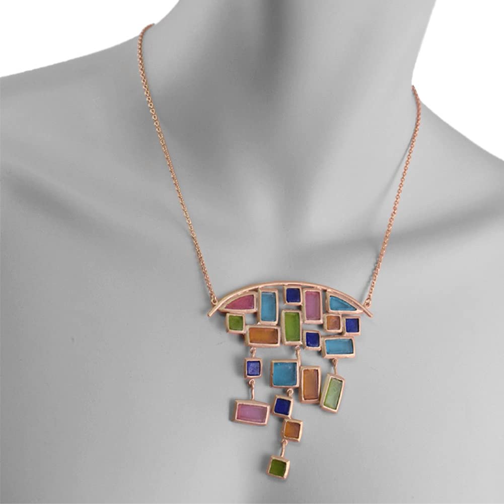 Michael Vincent Michaud American Handmade Cast Artisan Glass & Gold-Plated Multicolor Mosaic Statement Necklace