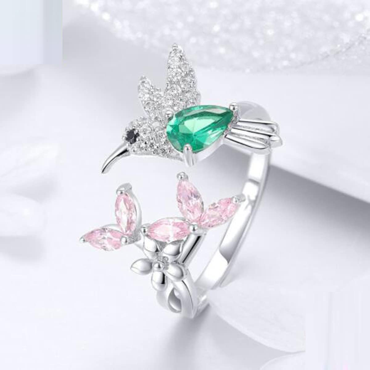 Hummingbird S925 Sterling Silver Women Rings with Crystals from Swarovski Open Adjustable Ring Bird Tree Leaves Open Finger Rings Jewellry Christmas Gift for Mother's Day (Pink Flowers and Birds)