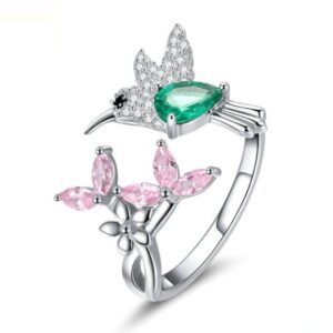 Hummingbird S925 Sterling Silver Women Rings with Crystals from Swarovski Open Adjustable Ring Bird Tree Leaves Open Finger Rings Jewellry Christmas Gift for Mother's Day (Pink Flowers and Birds)