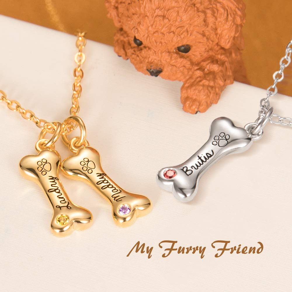 AILIN Custom Puppy Dog Bone Necklace 925 Sterling Silver Personlized 1-8 Engraving Name Dog Paw Print Birthstone Pendant Pet Lovers Jewelry Birthday Gifts For Women -Silver Color