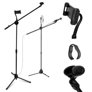 qaise mic stand with 5ft tablet and phone holder – adjustable gooseneck microphone stand - mic stand boom tablet holder for karaoke, studio, parties, rehearsals