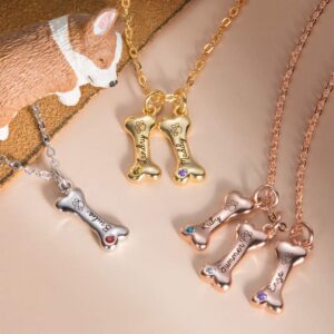 AILIN Custom Puppy Dog Bone Necklace 925 Sterling Silver Personlized 1-8 Engraving Name Dog Paw Print Birthstone Pendant Pet Lovers Jewelry Birthday Gifts For Women -Silver Color