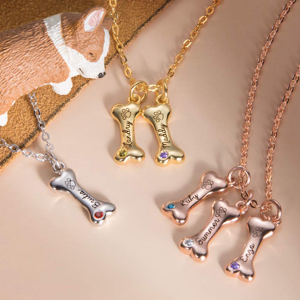 AILIN Custom Puppy Dog Bone Necklace 925 Sterling Silver Personlized 1-8 Engraving Name Dog Paw Print Birthstone Pendant Pet Lovers Jewelry Birthday Gifts For Women -Silver Color