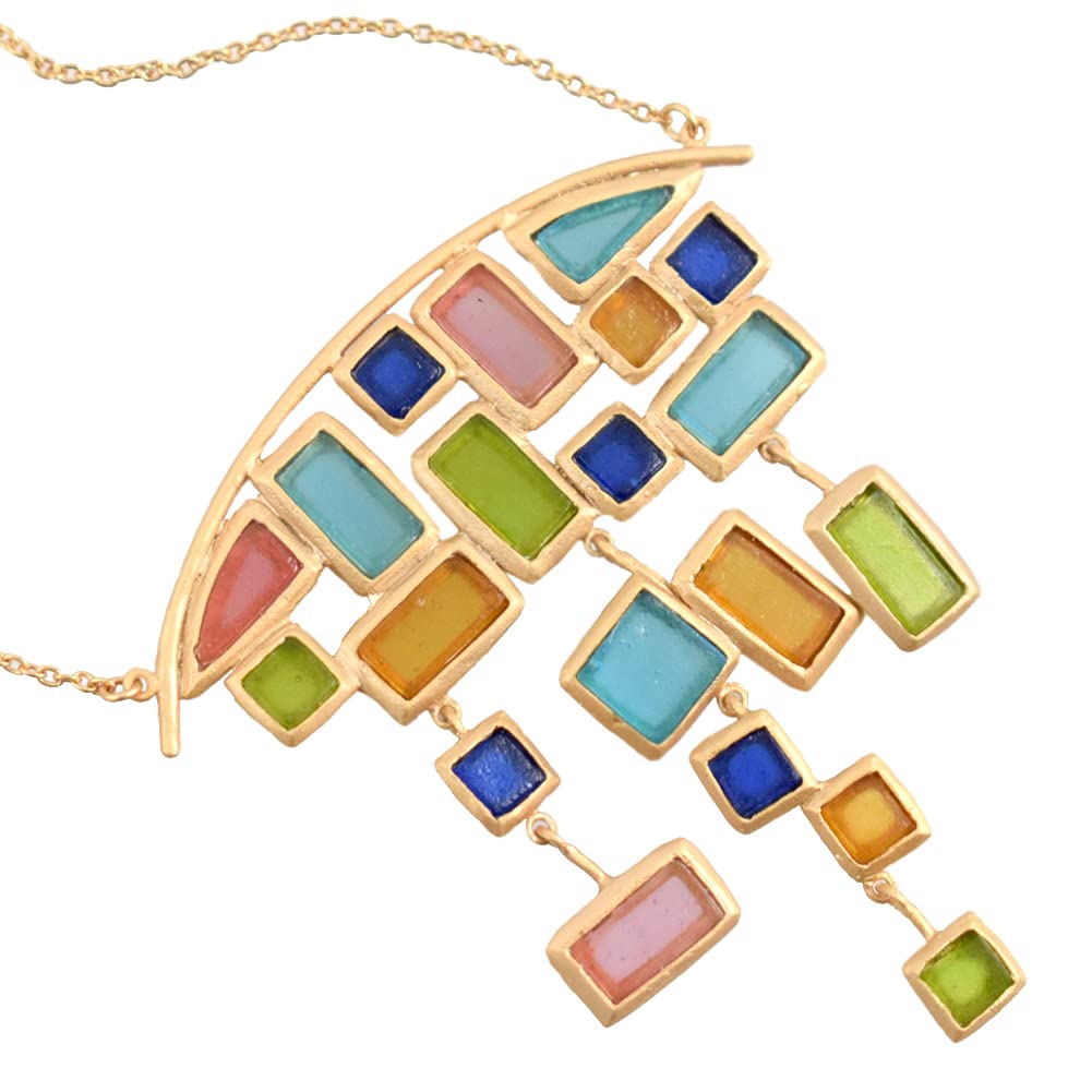 Michael Vincent Michaud American Handmade Cast Artisan Glass & Gold-Plated Multicolor Mosaic Statement Necklace