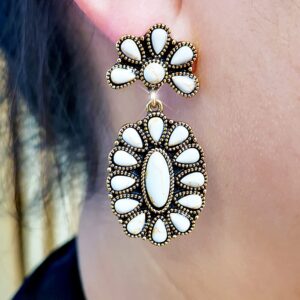 Vintage Boho Statement Drop Earrings Oval Imitate Turquoise Ethnic Charms Flower Dangle Earring for Women Jewelry Gift (white)