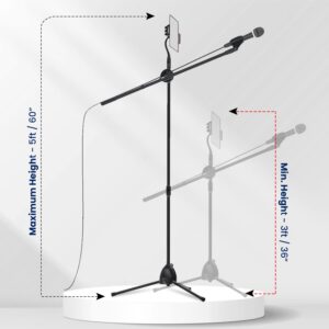 QAISE Mic Stand with 5ft Tablet and Phone Holder – Adjustable Gooseneck Microphone Stand - Mic Stand Boom Tablet Holder for Karaoke, Studio, Parties, Rehearsals