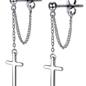 Cross Earrings Dangle Drop Chain Earring for Women Punk Goth Ball Dangling Chain Stud Earrings Silver