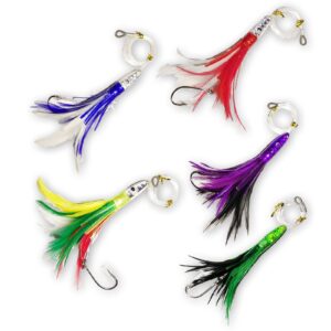 xmwangzi trolling feather fishing lures saltwater, fishing tackle deep sea head octopus trolling skirts, fluke rig squid lures, fishing teasers for marlin tuna (5 pcs in 5 colors)