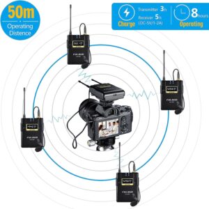 FULAIM WM500 UHF Wireless Lavalier Microphone System, 16-Channel Lavalier Lapel Mic with Rechargeable Transmitter and Receiver for Recording YouTube, Interview, Vlogging, Conference - 4 X Transmitters