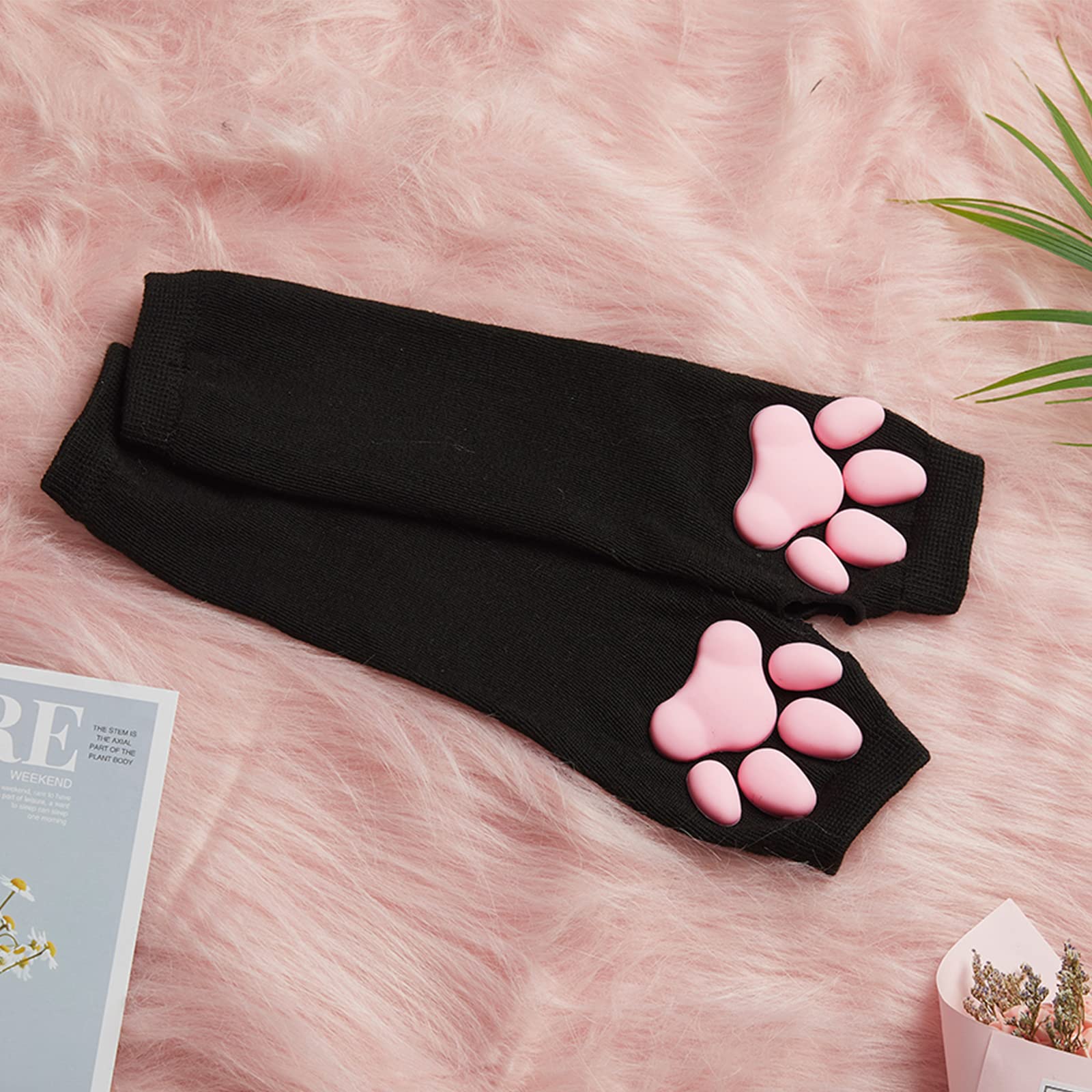 HOMEGYMFREE Cute Cat Paw Mittens Gloves, Kawaii Cat Cosplay Kawaii Soft 3D Toes Beans Fingerless Cat Claw Paws Pad Sleeve (Black-Long)