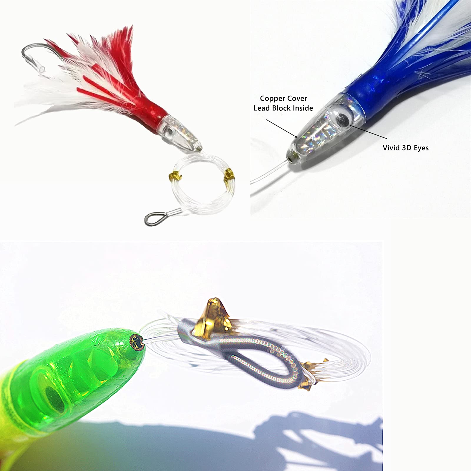 XMWangzi Trolling Feather Fishing Lures Saltwater, Fishing Tackle Deep Sea Head Octopus Trolling Skirts, Fluke Rig Squid Lures, Fishing Teasers for Marlin Tuna (5 Pcs in 5 Colors)