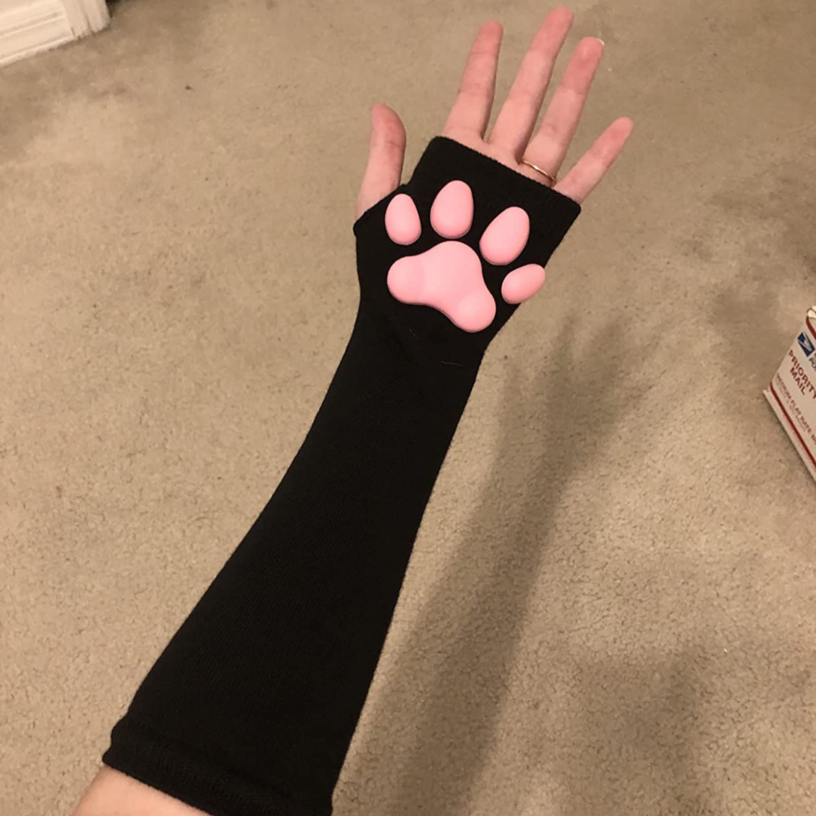 HOMEGYMFREE Cute Cat Paw Mittens Gloves, Kawaii Cat Cosplay Kawaii Soft 3D Toes Beans Fingerless Cat Claw Paws Pad Sleeve (Black-Long)