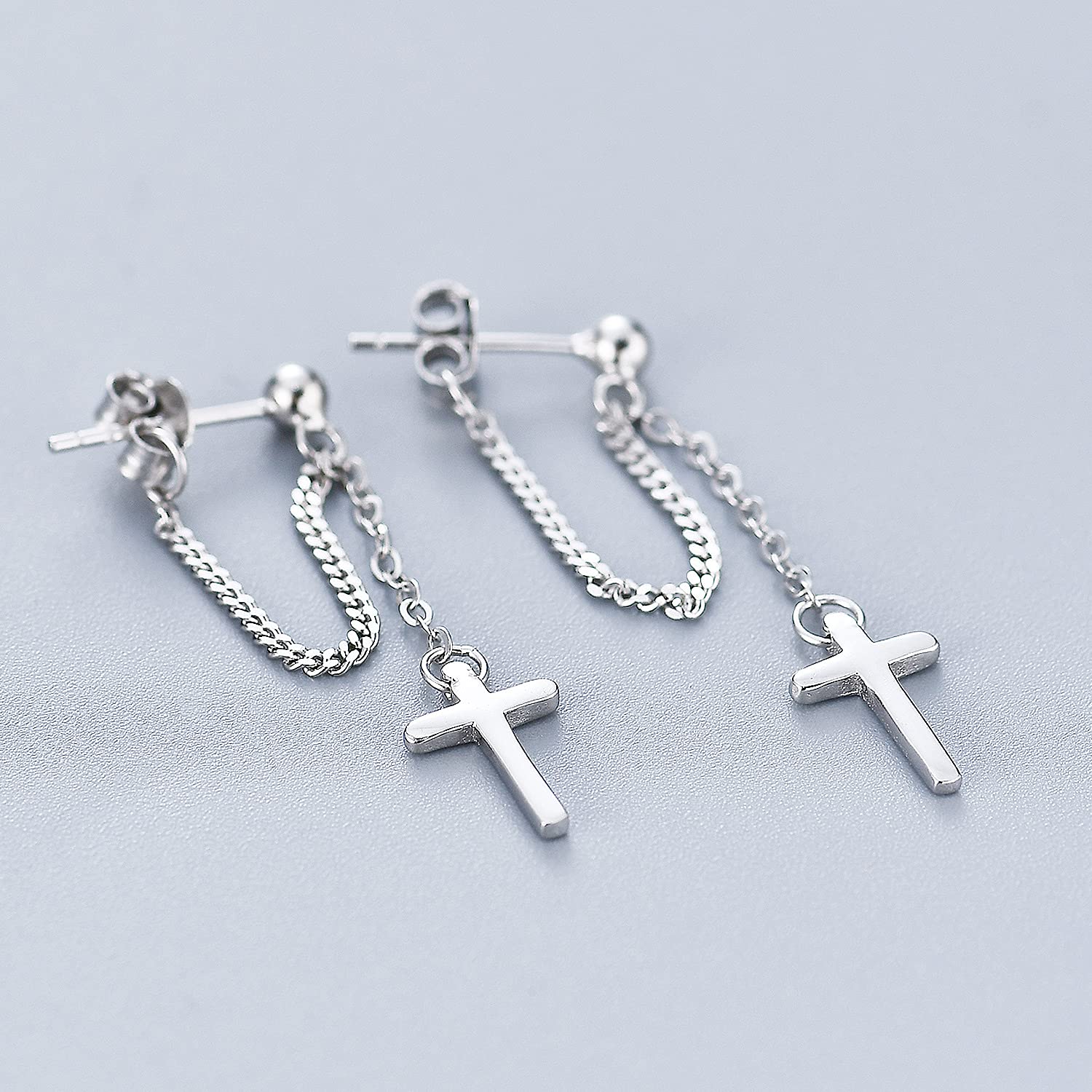 Cross Earrings Dangle Drop Chain Earring for Women Punk Goth Ball Dangling Chain Stud Earrings Silver