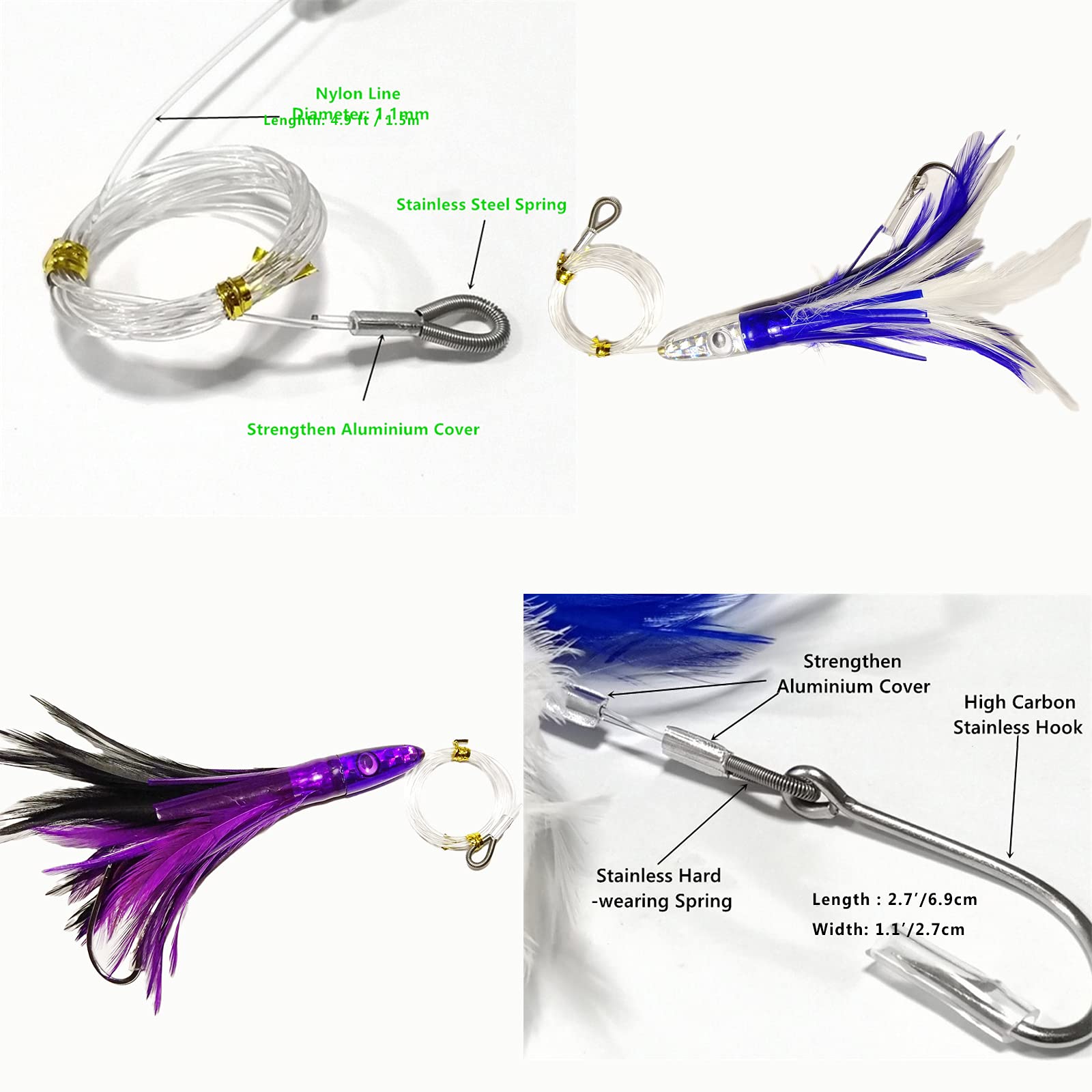 XMWangzi Trolling Feather Fishing Lures Saltwater, Fishing Tackle Deep Sea Head Octopus Trolling Skirts, Fluke Rig Squid Lures, Fishing Teasers for Marlin Tuna (5 Pcs in 5 Colors)