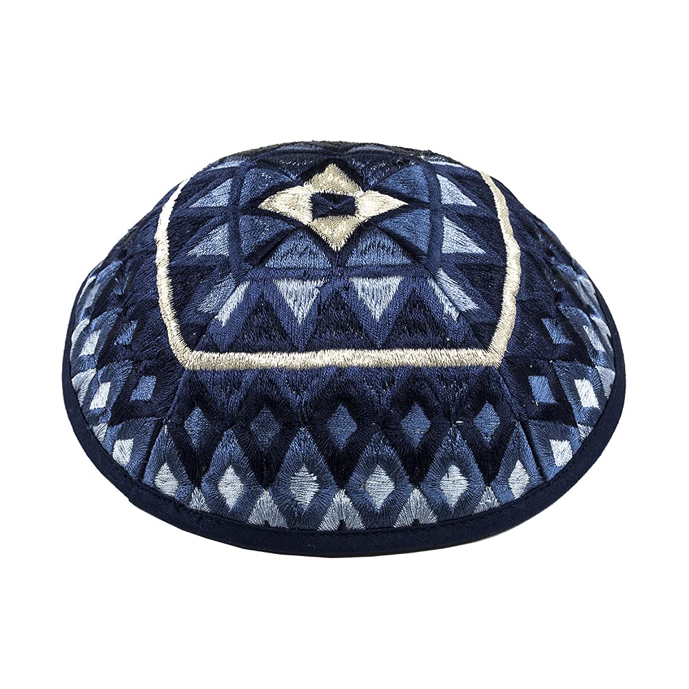 EMANUEL Yair Tallit Prayer Shawl Set with Yarmulke and Tallis Bag | Silk Embroidered Geometric Square Design (Blue TAH-5B)