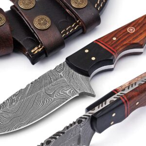 Best Merchants Knives Custom Handmade Hunting Knife Damascus Steel Survival Knife 8'' Overall Horn And Wood Handle With Sheath BM 003 Wood