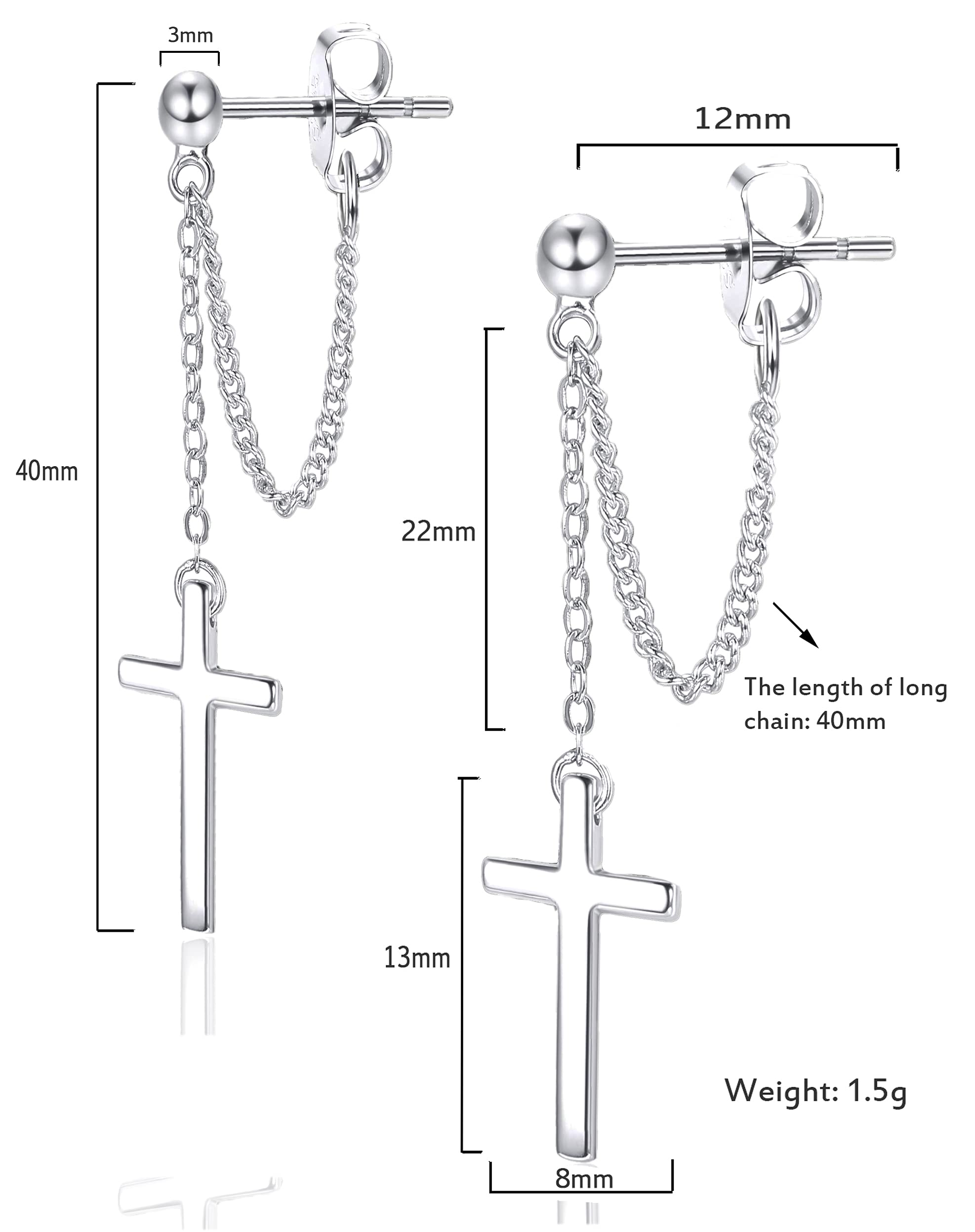 Cross Earrings Dangle Drop Chain Earring for Women Punk Goth Ball Dangling Chain Stud Earrings Silver