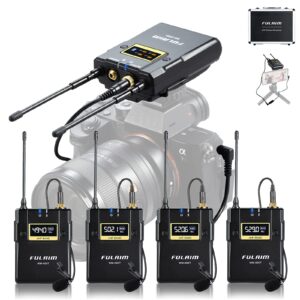 fulaim wm500 uhf wireless lavalier microphone system, 16-channel lavalier lapel mic with rechargeable transmitter and receiver for recording youtube, interview, vlogging, conference - 4 x transmitters