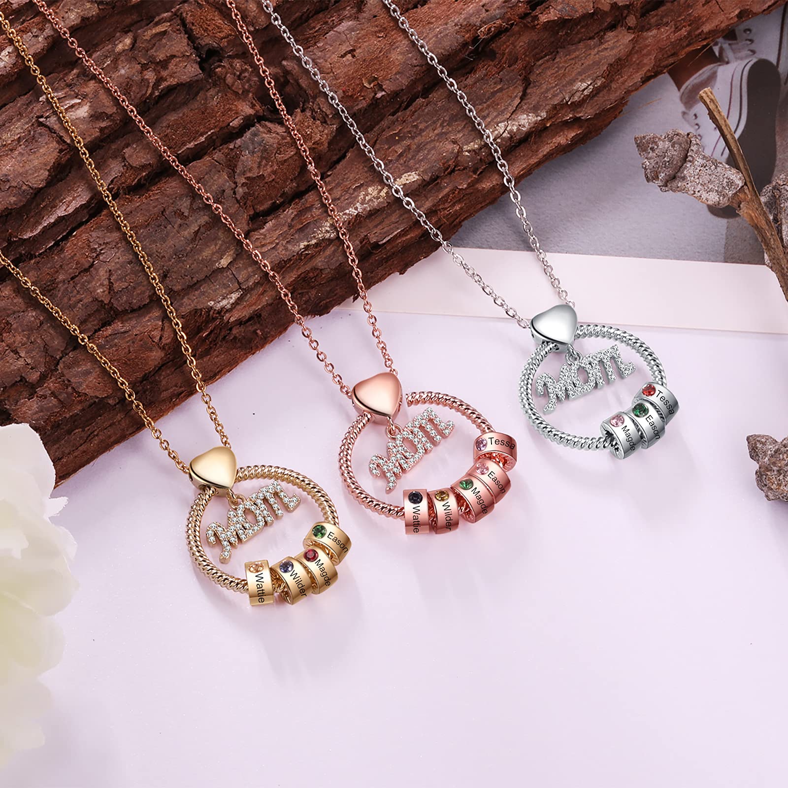 Bemobeauty Personalized Mom Necklace with 2 Name Beads and Simulated Birthstones,Mother Daughter Custom Name Pendant Jewelry Gift on Mother's Day Birthday for Women