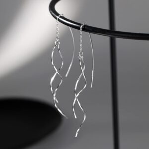 SLUYNZ Sterling Silver Curve Dangle Earrings for Women Teen Girls Wave Dangle Earrings Threader Tassel (A-Silver)