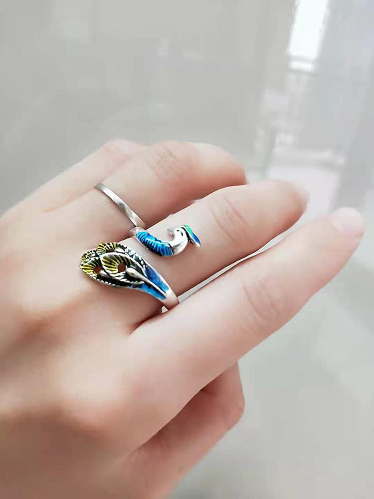 Vintage Enameled Peacock Ring for Women Girls Silver Plated Statement Adjustable Expandable Animal Open Band Finger Rings Comfort Fit Boho Delicate Mother's Day Christmas Jewelry