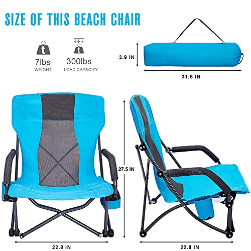 G4Free 2 Pack Folding Beach Chair, Low Sling Portable Beach Chair for Adults with Headrest, Backpack Lightweight Camp Chair for Outdoor Camping Sand Beach Blue