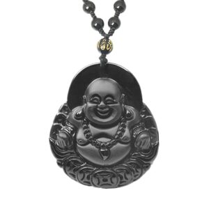 asgift laughing buddha necklace black obsidian buddha pendant with adjustable bead chain large lucky buddah necklaces jewelry for men women