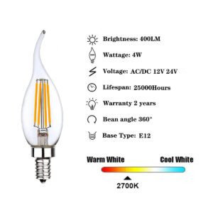 SHUWDKAR Low Voltage 12V 24V Candelabra E12 Base LED Light Bulb Flame Tip 40Watt Equivalent Warm White 2700k for 12volt Landscape Lighting RV Camper Marine Boat Solar Battery use 4 Pack