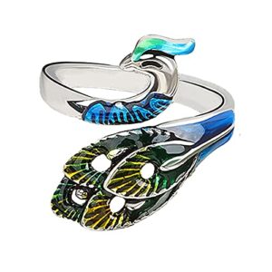 Vintage Enameled Peacock Ring for Women Girls Silver Plated Statement Adjustable Expandable Animal Open Band Finger Rings Comfort Fit Boho Delicate Mother's Day Christmas Jewelry