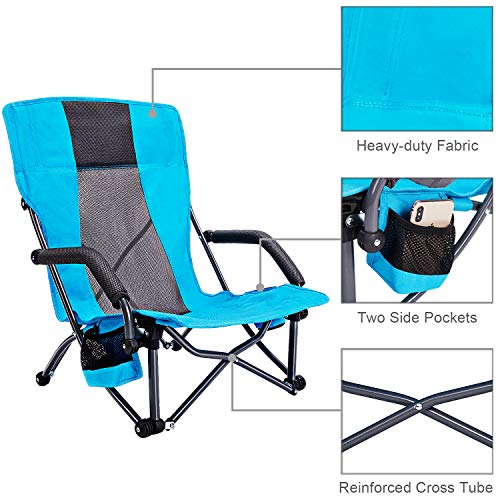 G4Free 2 Pack Folding Beach Chair, Low Sling Portable Beach Chair for Adults with Headrest, Backpack Lightweight Camp Chair for Outdoor Camping Sand Beach Blue