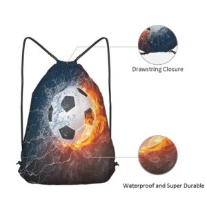 Beabes Soccer Drawstring Bags Backpack Bag Ball In Burning Fire And Water Lightening Sports Passion Football Game Sport Gym Sack Drawstring Bag String Bag Yoga Bag for Men Women