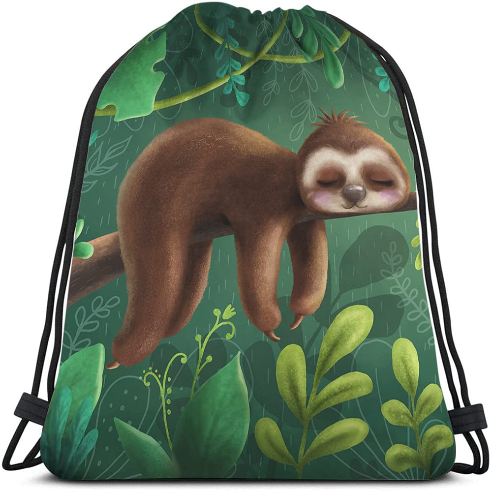 Beabes Cute Funny Sloth Drawstring Bags Backpack Bag Relaxing On Tree Branch Animal Cartoon Tropical Jungle Sport Gym Sack Drawstring Bag String Bag Yoga Bag for Men Women