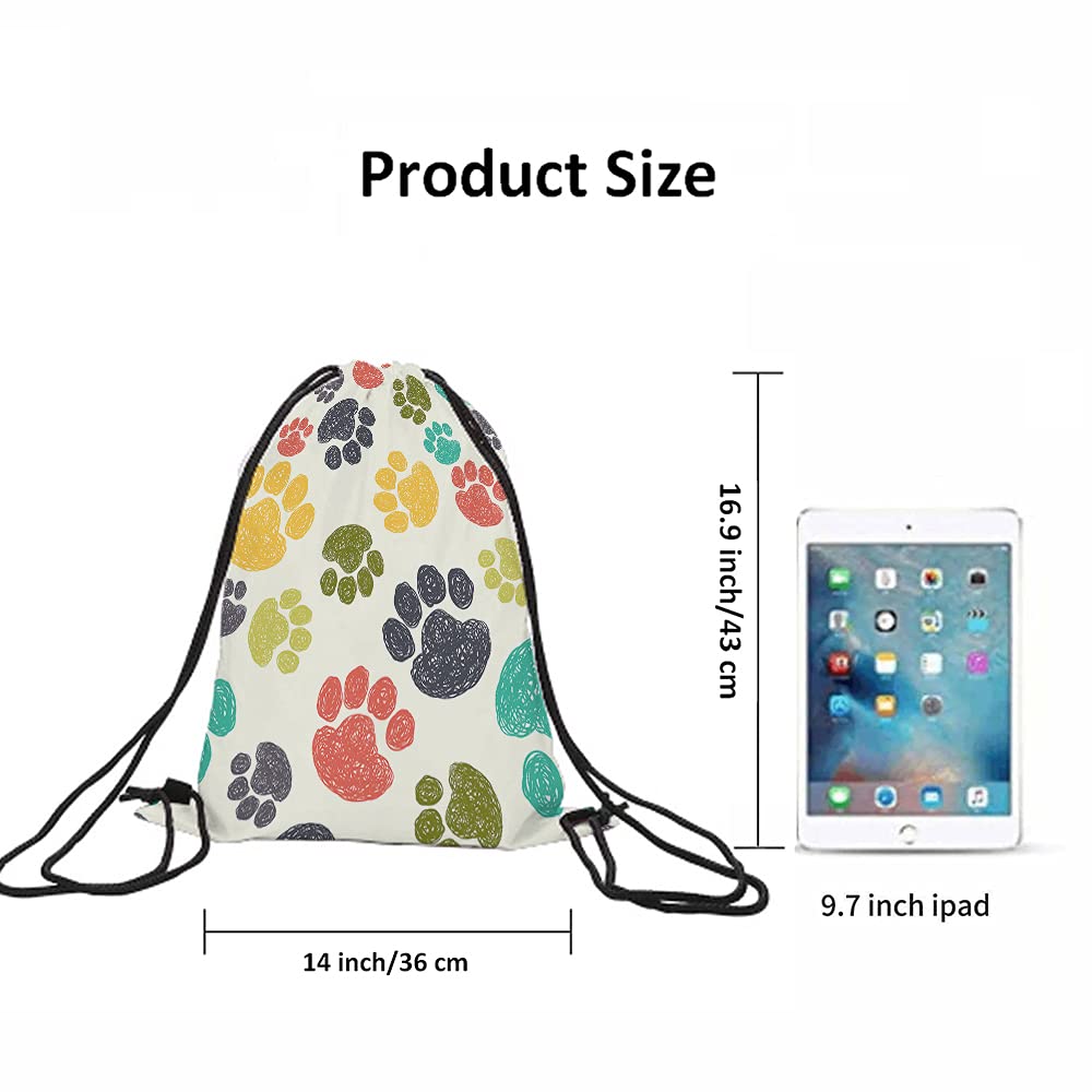 Beabes Paw Pattern Drawstring Bags Backpack Bag Cute Colorful Hand Drawn Doodle Prints Pet Puppy Footprint Drawing Sport Gym Sack Drawstring Bag String Bag Yoga Bag for Men Women