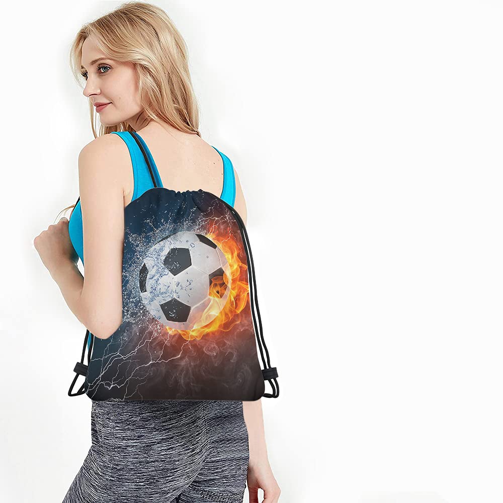 Beabes Soccer Drawstring Bags Backpack Bag Ball In Burning Fire And Water Lightening Sports Passion Football Game Sport Gym Sack Drawstring Bag String Bag Yoga Bag for Men Women