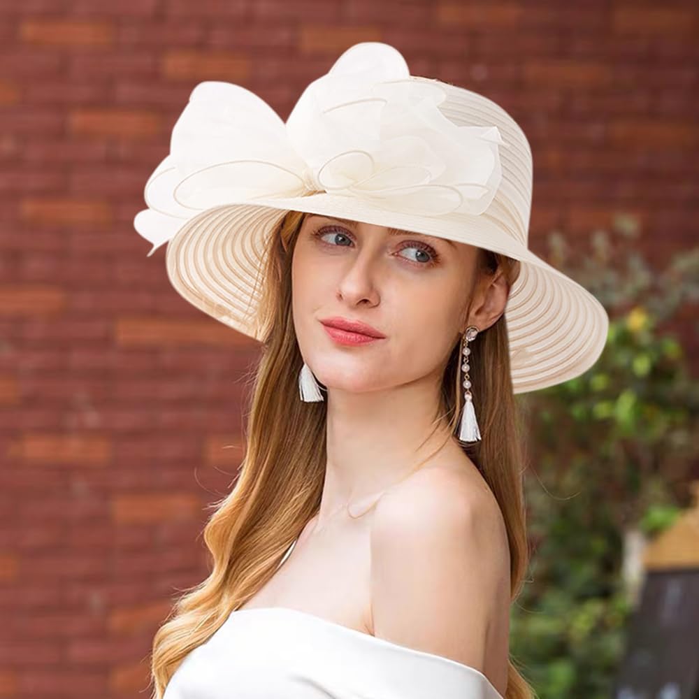 Haoohu Women's Church Derby Hat Wide Brim Bow Bucket Hat Wedding Dress Hat Fascinator Bridal Tea Party Hat Beige