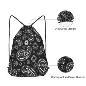 Beabes Paisley Pattern Drawstring Bags Backpack Bag Black White Floral Ethnic Asian Art Seamless Pattern Sport Gym Sack Drawstring Bag String Bag Yoga Bag for Men Women