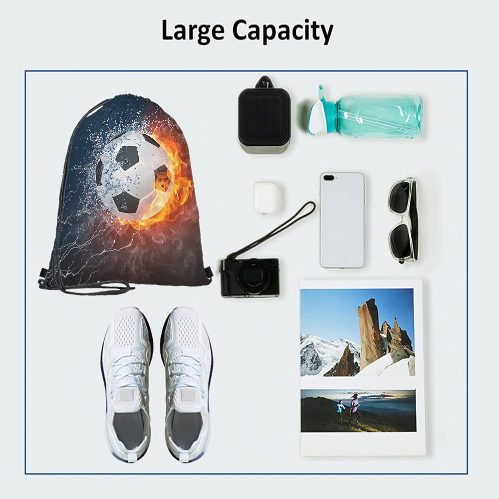 Beabes Soccer Drawstring Bags Backpack Bag Ball In Burning Fire And Water Lightening Sports Passion Football Game Sport Gym Sack Drawstring Bag String Bag Yoga Bag for Men Women