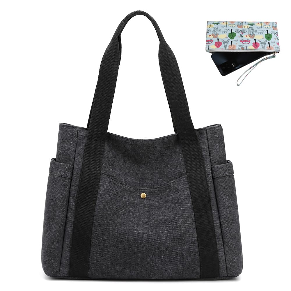 JIANLINST Women's Canvas Tote Handbags Multi-pocket Retro Casual Shoulder Bag Top Handle Satchel Tote Purse Black