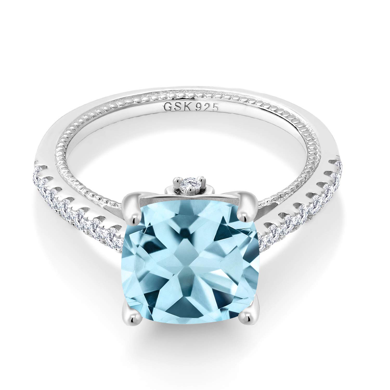 Gem Stone King 925 Sterling Silver Sky Blue Topaz and White Created Sapphire Ring For Women (4.52 Cttw, Cushion 10MM, Available in size 5, 6, 7, 8, 9)