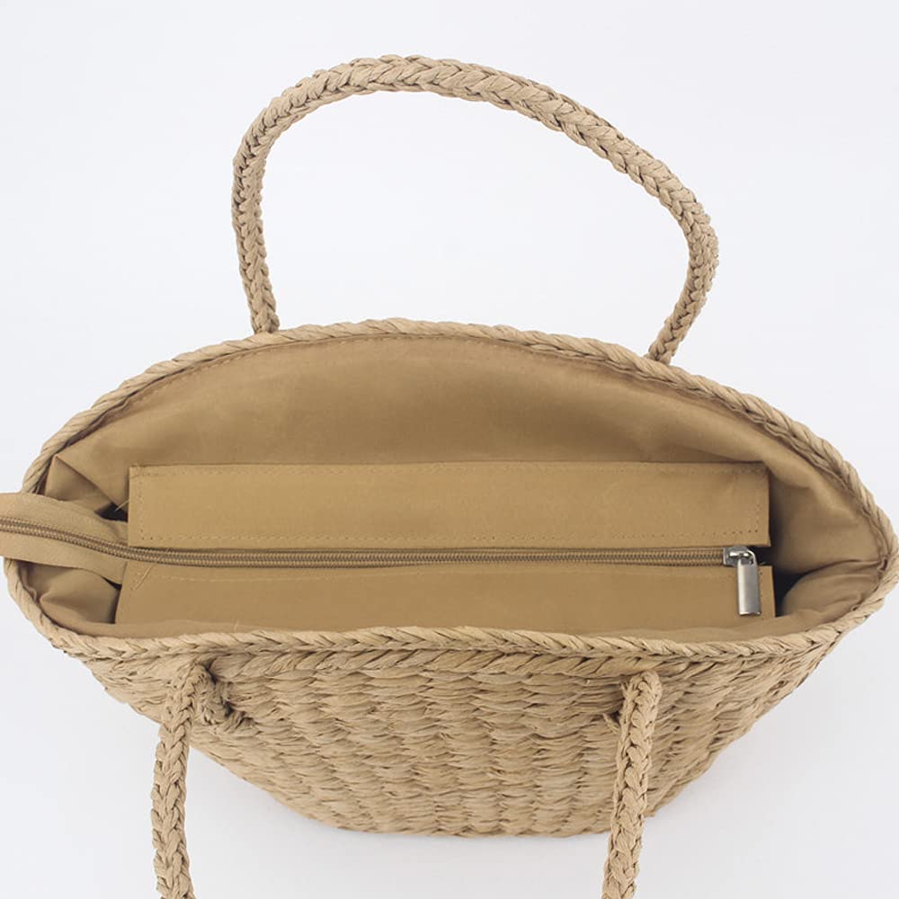 QTKJ Straw bags, Hand-woven Women Summer Retro Straw Tote Bag Pure Colour Straw Beach Shoulder Bag (Khaki)