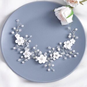 HEREAD Flower Bride Wedding Hair Vine Pearl Bridal Headband Rhinestones Hair Breath Accessories for Women and Girls (A Silver)