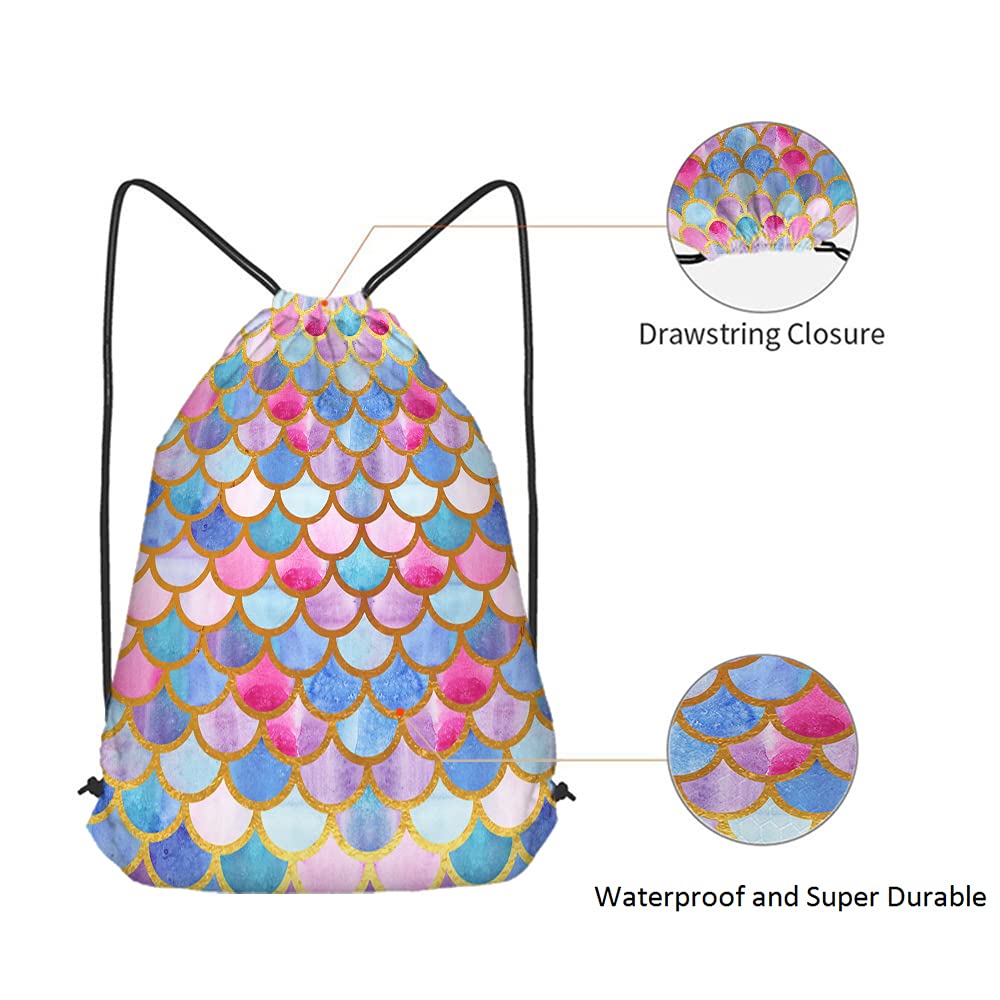 Beabes Mermaid Scales Drawstring Bags Backpack Bag Watercolor Animal Fish Mermaid Tale Pattern Cool Design Modern Sport Gym Sack Drawstring Bag String Bag Yoga Bag for Men Women