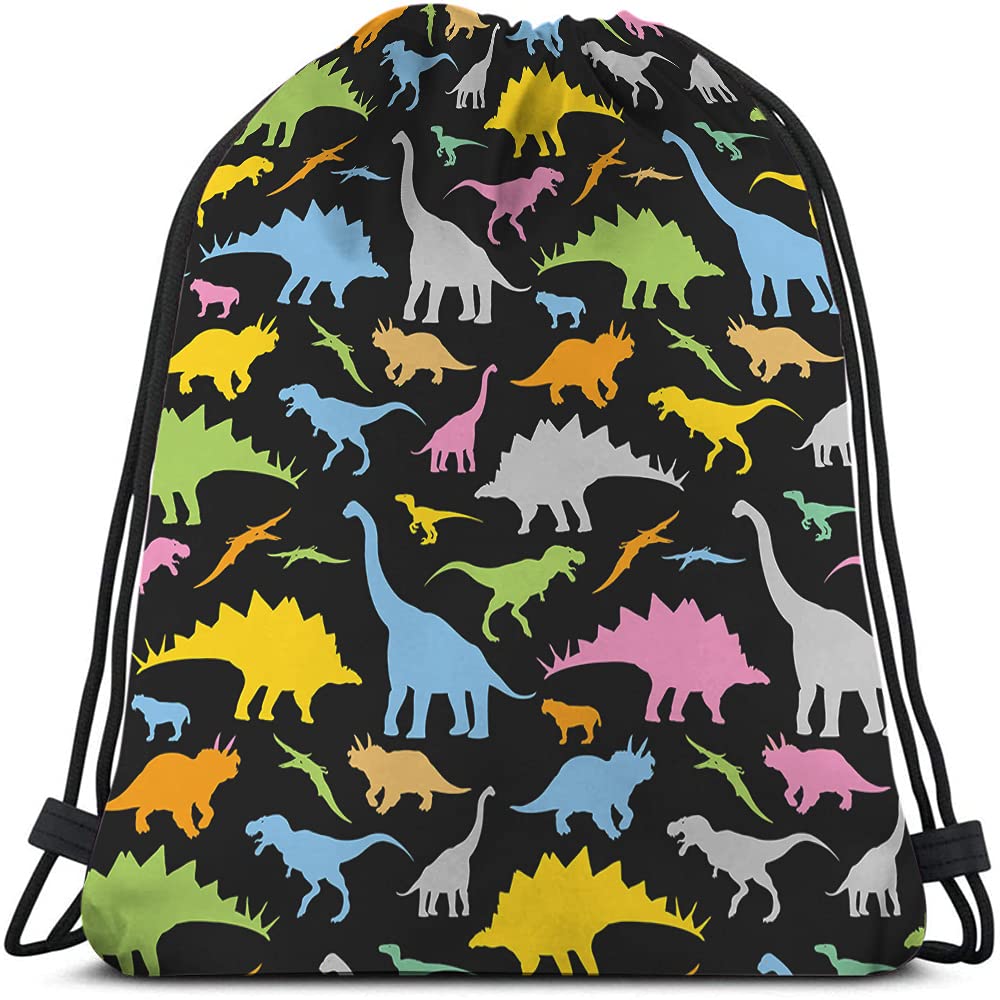 Beabes Dinosaurs Drawstring Bags Backpack Bag Cool Wild Cartoon Cute Prehistoric Colorful Animal Silhouette Sport Gym Sack Drawstring Bag String Bag Yoga Bag for Men Women