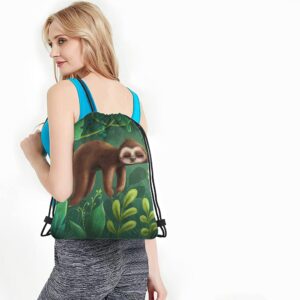 Beabes Cute Funny Sloth Drawstring Bags Backpack Bag Relaxing On Tree Branch Animal Cartoon Tropical Jungle Sport Gym Sack Drawstring Bag String Bag Yoga Bag for Men Women